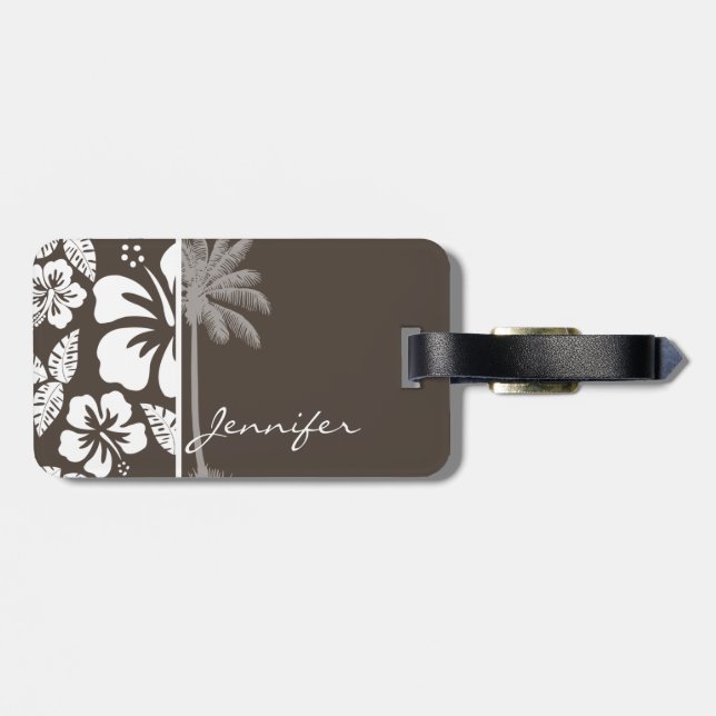 Dark Taupe Tropical Hibiscus; Summer Palm Luggage Tag (Back Horizontal)
