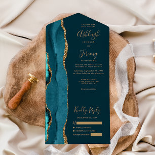 Dark Teal Agate Gold Glitter Wedding All In One Invitation