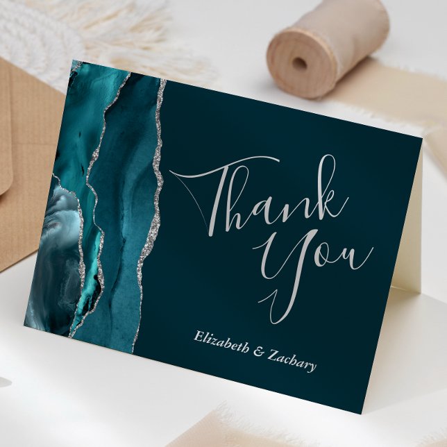 Dark Teal Agate Silver Wedding Thank You Card (Creator Uploaded)