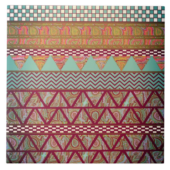 Dark Teal Amber Boho Tribal Stripes Pattern Tile (Front)