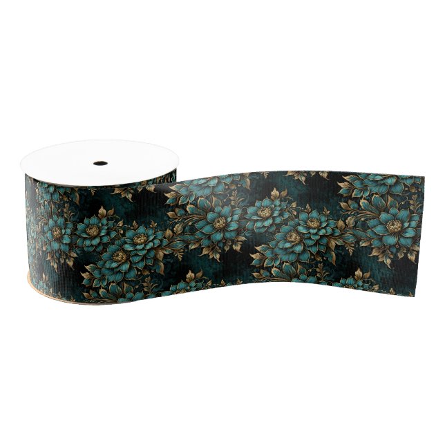 Dark Teal and Antique Gold Luxury Floral Grosgrain Ribbon (Spool)