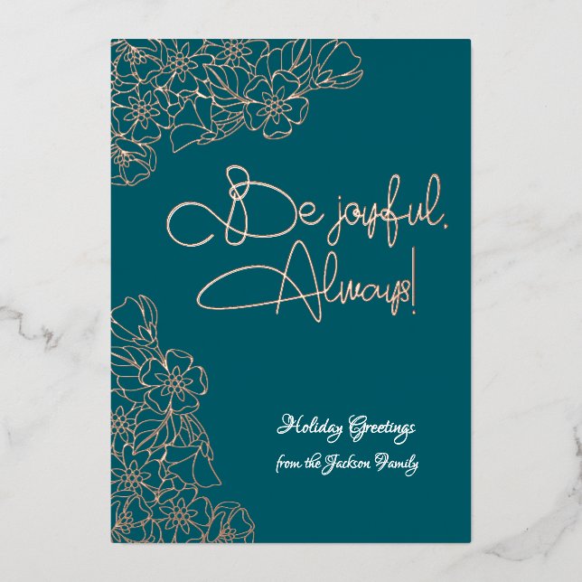 Dark Teal and Gold Floral Joyful Photo Christmas Foil Holiday Card (Front)