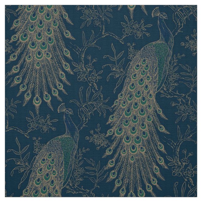 Dark Teal and Gold Victorian style Peacocks Fabric (Swatch)