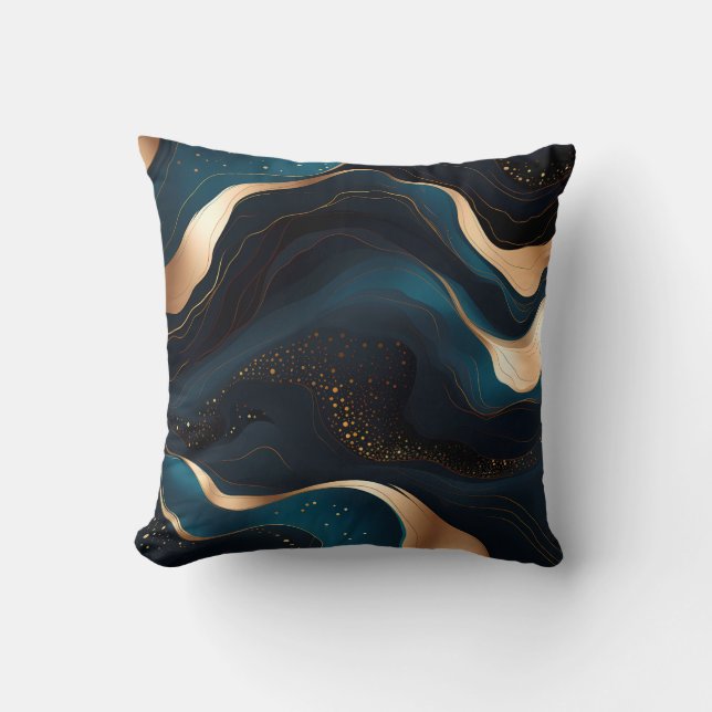 Dark teal and gold wavy modern abstract cushion (Front)