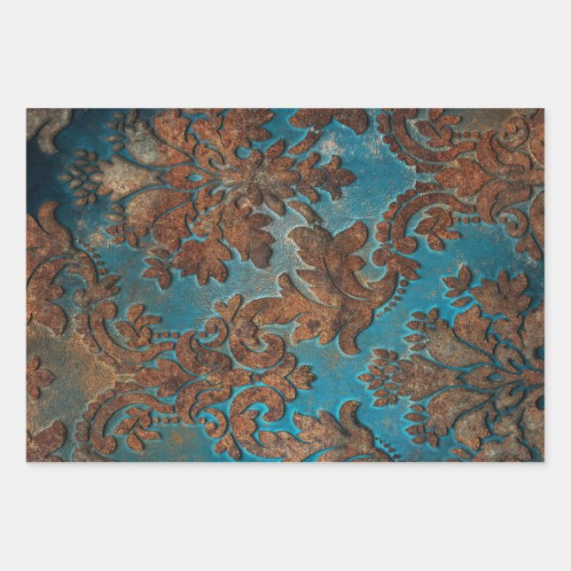 Dark Teal and Rust Damask Wrapping Paper Sheet (Front)