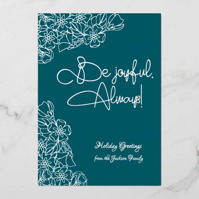 Dark Teal and Silver Floral Joyful Photo Christmas Foil Holiday Card (Front)