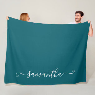 Dark Teal and White Cute Signature Name Fleece Blanket