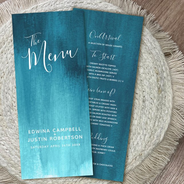 Dark teal aqua blue green modern art wedding menu (Creator Uploaded)