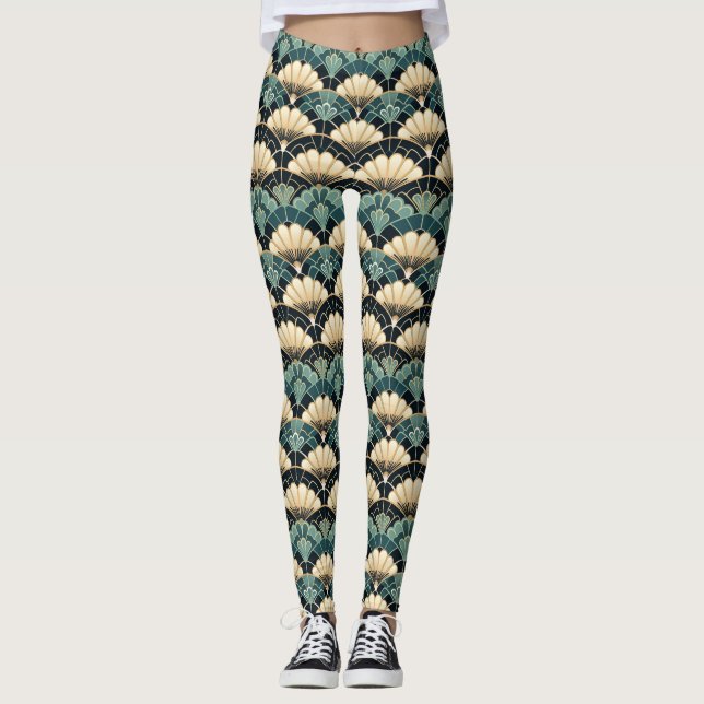 Dark Teal Art Deco Scalloped Fan Patterned Leggings (Front)