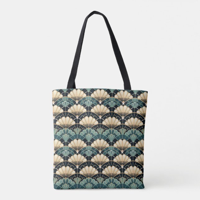 Dark Teal Art Deco Scalloped Fan Patterned Tote Bag (Back)