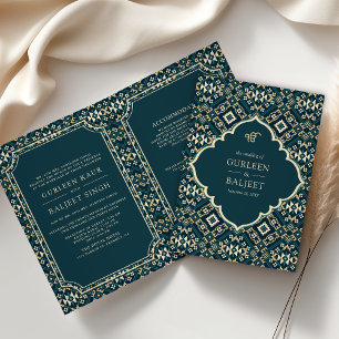 Dark Teal Beige Geometric All in One Sikh Wedding Invitation