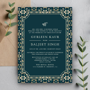 Dark Teal Beige Ikat Anand Karaj Sikh Wedding Invitation