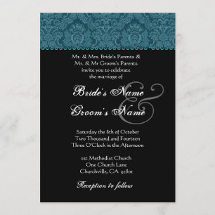 Dark Teal Black White Damask Wedding Invitation