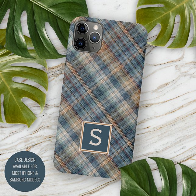 Dark Teal Blue Beige Tan Plaid Gingham Pattern Case-Mate iPhone Case (Creator Uploaded)