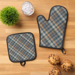 Dark Teal Blue Beige Tan Plaid Gingham Pattern Oven Mitt & Pot Holder Set
