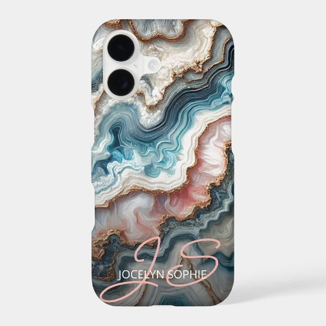 Dark Teal Blue Blush Pink Gold Marble Art Pattern iPhone Case (Back)