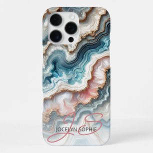 Dark Teal Blue Blush Pink Gold Marble Art Pattern iPhone 16 Pro Max Case