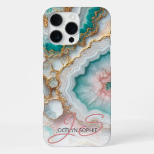 Dark Teal Blue Blush Pink Gold Marble Art Pattern iPhone 16 Pro Max Case