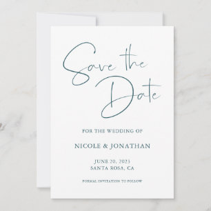 Dark Teal Blue Elegant Handwritten Calligraphy Save The Date