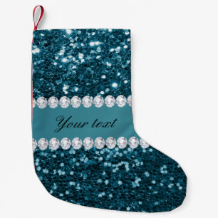 Dark Teal Blue Faux Glitter and Diamonds Small Christmas Stocking