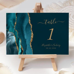 Dark Teal Blue Gold Agate Wedding Table Number