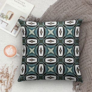 Dark Teal Blue Gray Green White Bohemian Bali Art Cushion