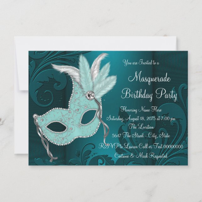 Dark Teal Blue Mask Masquerade Party Invitation (Front)