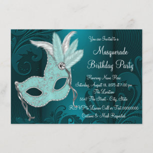 Dark Teal Blue Mask Masquerade Party Invitation