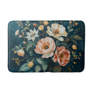 Dark Teal Blue Orange Vintage Cottagecore Floral Bath Mat