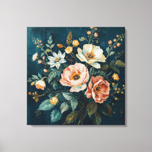 Dark Teal Blue Orange Vintage Cottagecore Floral Canvas Print