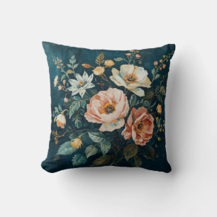 Dark Teal Blue Orange Vintage Cottagecore Floral Cushion