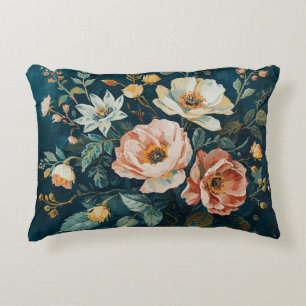 Dark Teal Blue Orange Vintage Cottagecore Floral Decorative Cushion