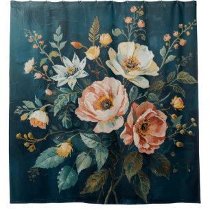 Dark Teal Blue Orange Vintage Cottagecore Floral Shower Curtain