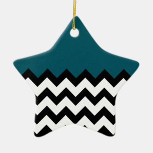 Dark Teal Blue Pattern On Large Zigzag Chevron Ceramic Tree Decoration