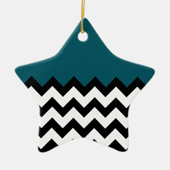 Dark Teal Blue Pattern On Large Zigzag Chevron Ceramic Tree Decoration (Front)