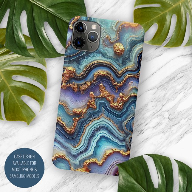 Dark Teal Blue Purple Gold Marble Art Pattern iPhone Case (Creator Uploaded)