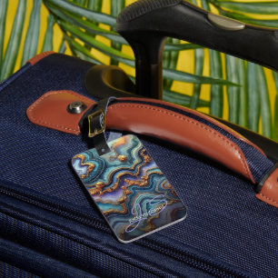 Dark Teal Blue Purple Gold Marble Art Pattern Luggage Tag