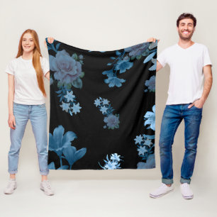 Dark Teal & Blue Rose Floral Pattern Fleece Blanke Blanket