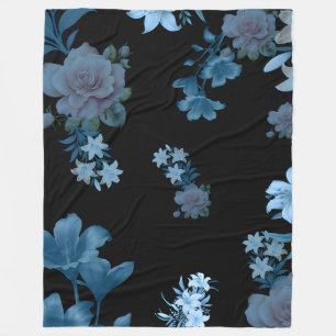 Dark Teal & Blue Rose Floral Pattern Fleece Blanke Blanket