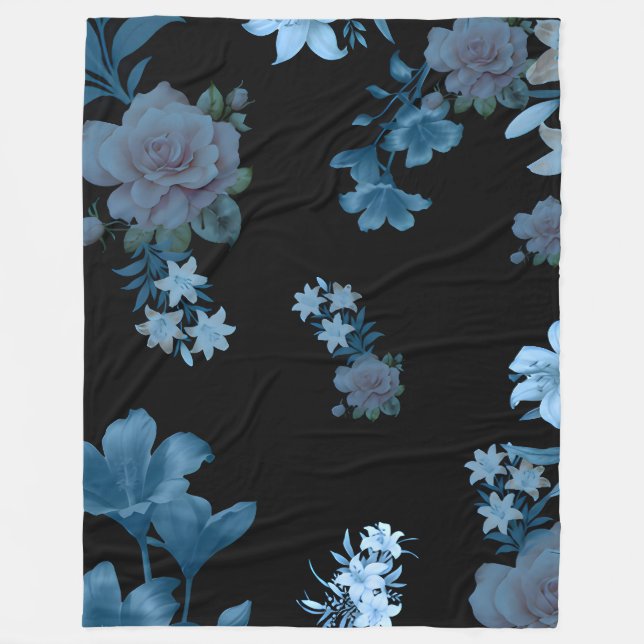 Dark Teal & Blue Rose Floral Pattern Fleece Blanke Blanket (Front)