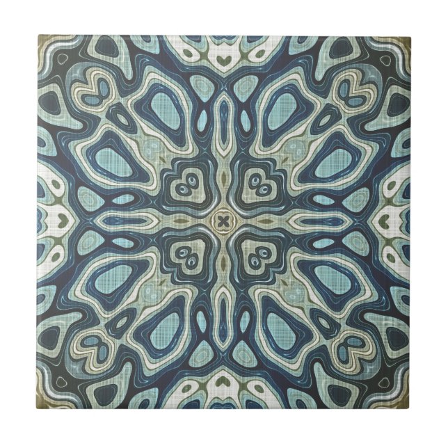 Dark Teal Blue Seafoam Green Ethnic Tribe Art Tile (Front)