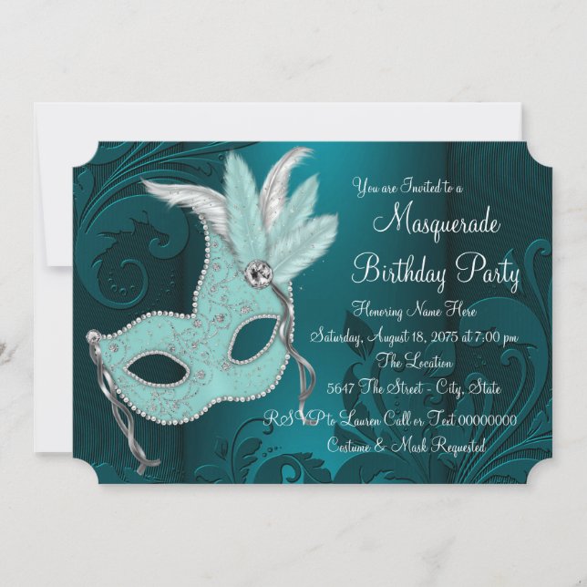Dark Teal Blue Sweet 16 Masquerade Party Invitation (Front)
