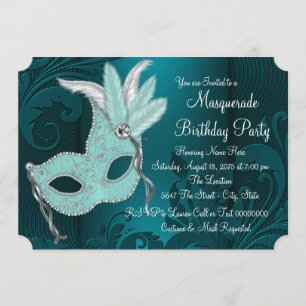 Dark Teal Blue Sweet 16 Masquerade Party Invitation