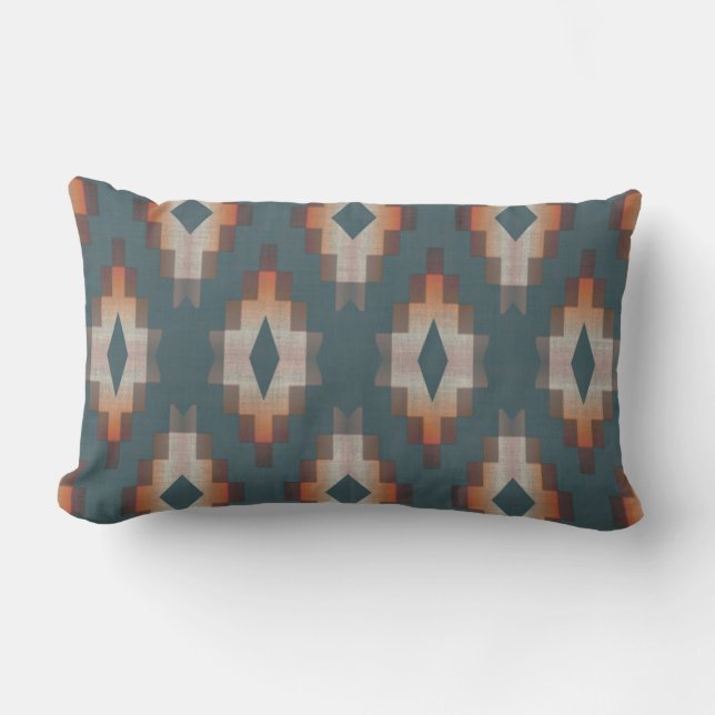 Dark Teal Blue Terracotta Rust Brown Tribal Art Lumbar Cushion (Front)
