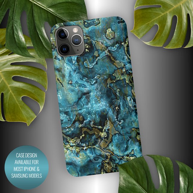 Dark Teal Blue Turquoise Faux Gold Agate Pattern iPhone Case (Creator Uploaded)