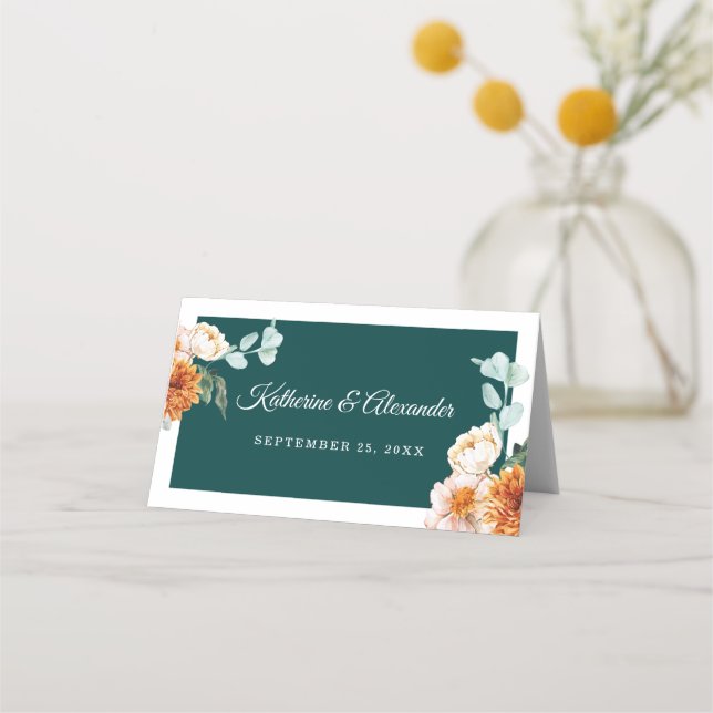 Dark Teal Burnt Orange Floral Autumn Wedding Place Card (Front)