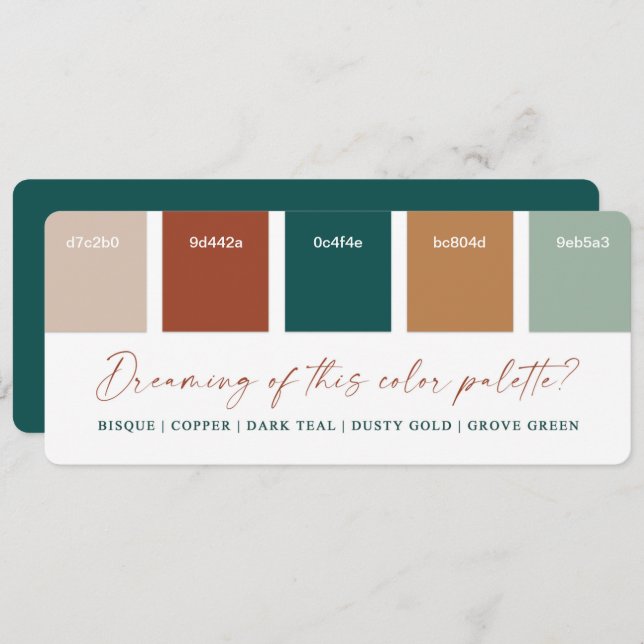Dark Teal & Copper 2021 Wedding Colour Palette Car Invitation (Front/Back)