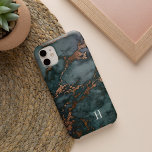 Dark Teal & Copper Marble Monogram Case-Mate iPhone Case<br><div class="desc">Chic phone case features a rich dark teal marble background pattern with faux copper foil veining. Personalise with your single initial monogram in classic lettering.</div>