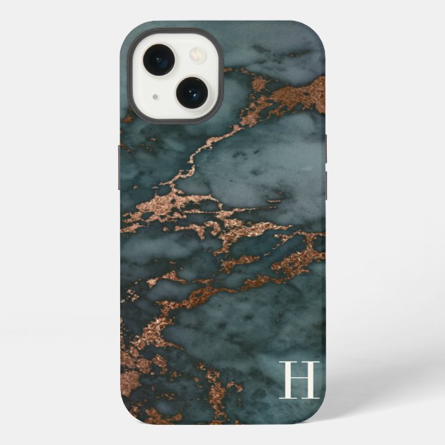 Dark Teal & Copper Marble Monogram iPhone Case (Back)