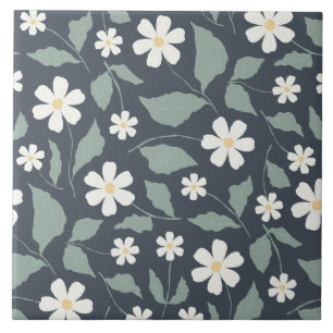 Dark Teal Daisy Folk Art Muted Sage Vintage Tile